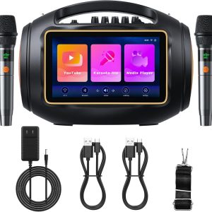 Smart Karaoke Machine with Lyrics Display, 10.1-Inch IPS Toh Screen, Two Wireless Microphones, Portable PA System with 400W Peak Power, Suitable for Home, Outdoor Party