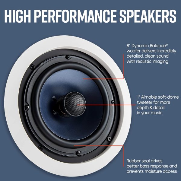 2-way  In-Ceiling 8" Round Speakers, Set of 2 Perfect for  and Humid Indoor/Outdoor Placement - Bath, Kitchen, Covered Porches